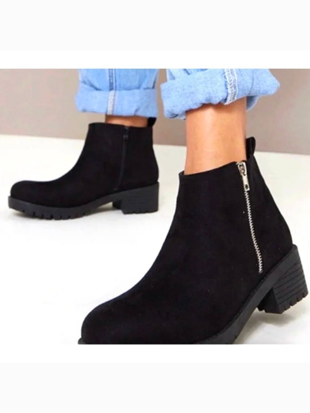 Black Ankle Boots Booties Size 7 Faux Suede Zip Chunky Heel Pretty Little Thing